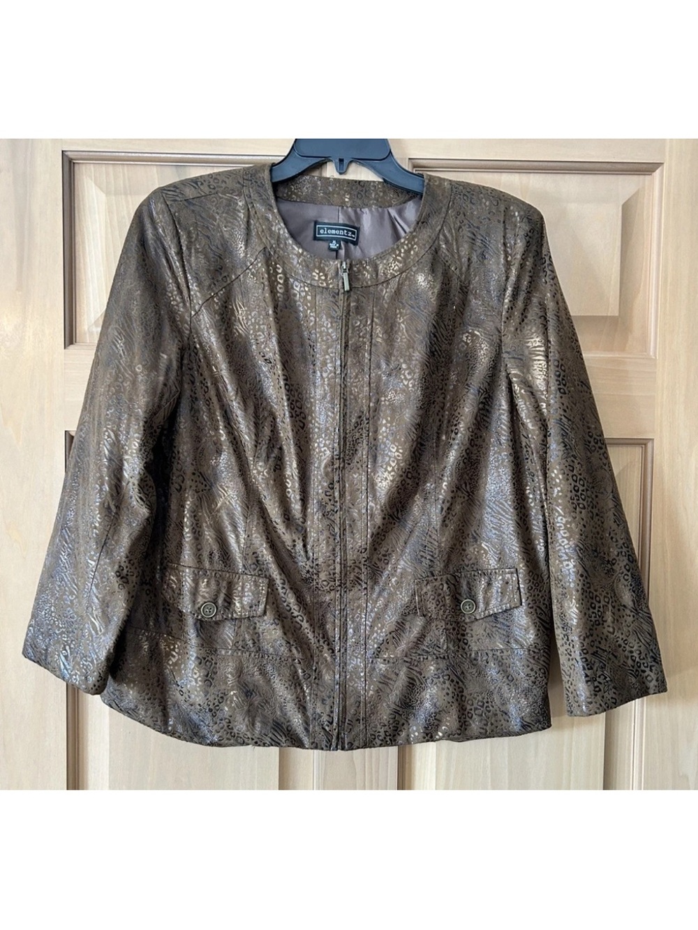 Elementz Women's Brown Animal Print Faux Leather Jacket with Metallic Shine XL